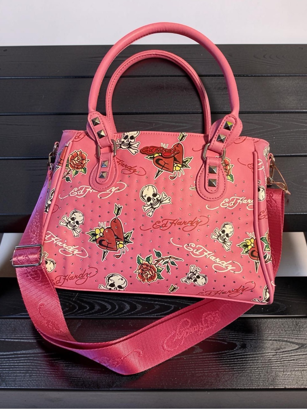 Ed Hardy NWT Pink Tattoo-Print Insulated Lunch Satchel  Detachable Strap (P245)